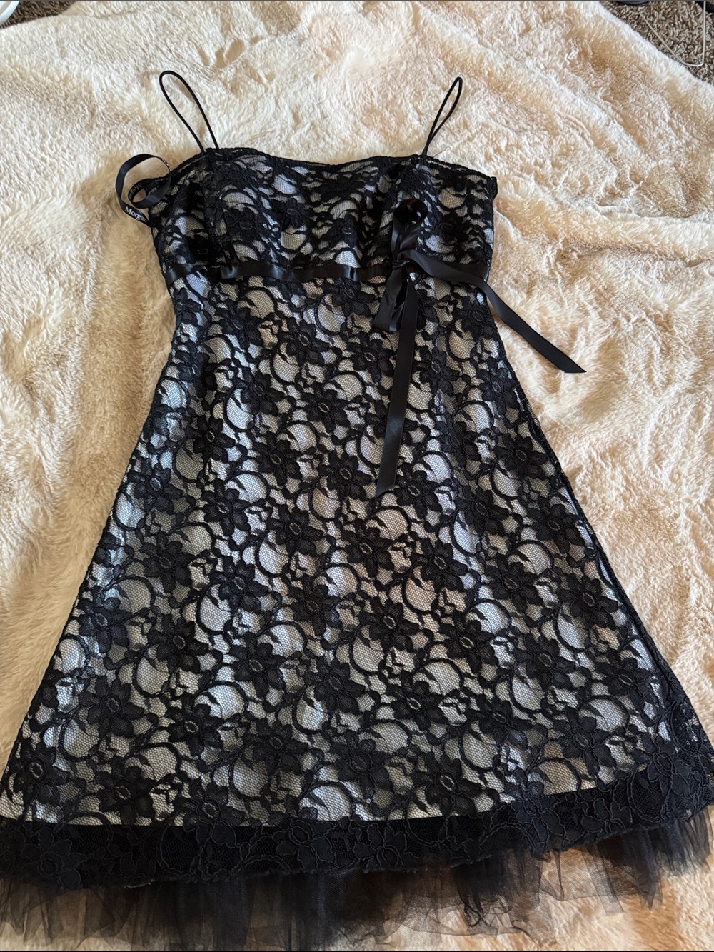 Black Lace Overlay Mini Dress with Ribbon Detail